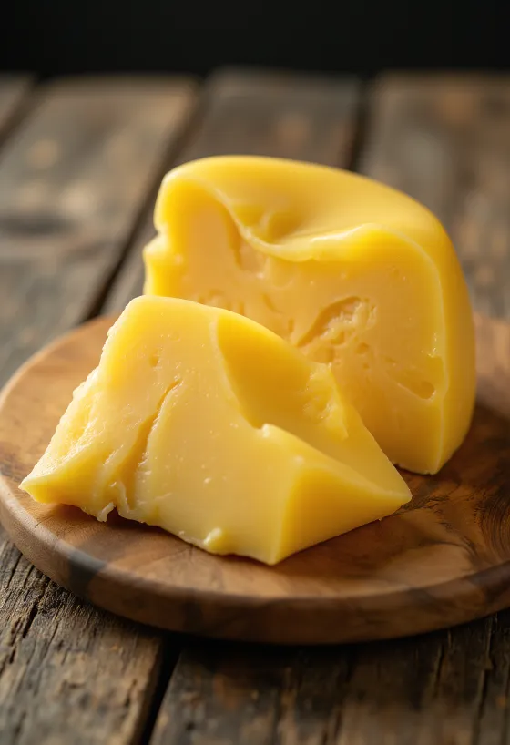 Kus sýra Gouda v misce na dřevěném stole