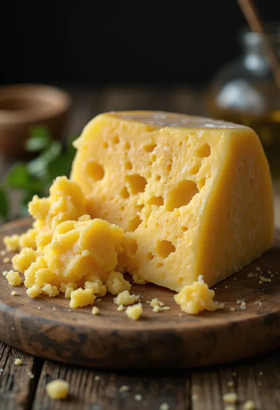 Kus sýra Grana Padano v misce na dřevěném stole