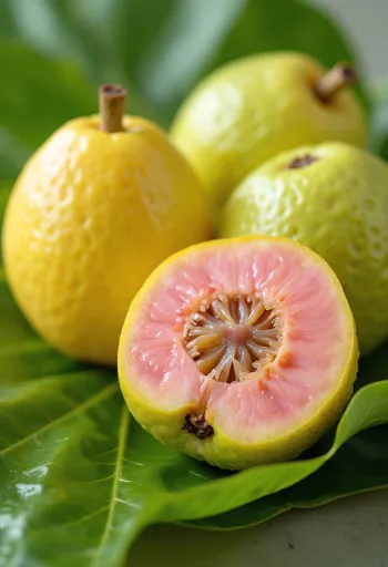 Čerstvé ovoce guave nakrájené, s růžovou dužinou a zelenou slupkou na dřevěném povrchu