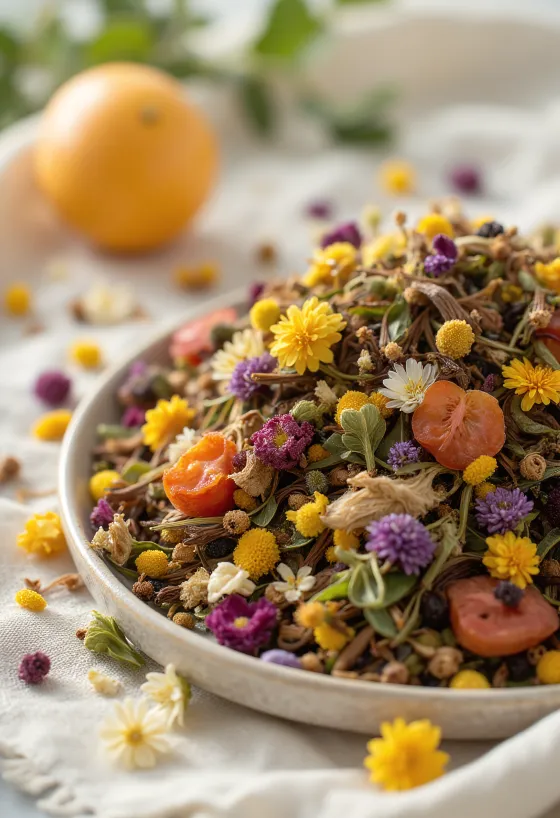 Sypaný bylinný čaj, sušená rostlinná směs v misce a sypaná, s vařečkou