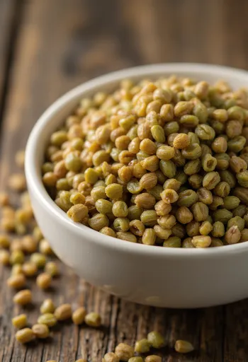 Syrová zrna pohanky v keramické misce, rozsypaná na dřevěném povrchu