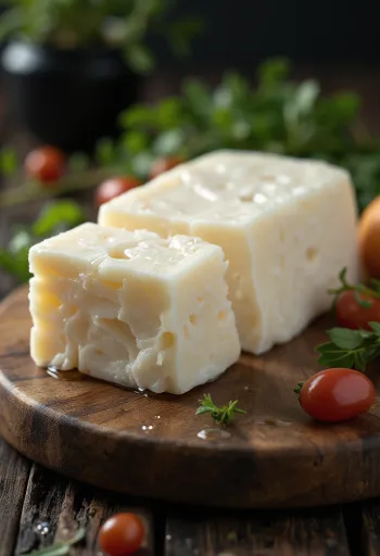 Čerstvý sýr Halloumi v bílé keramické misce na dřevěném stole