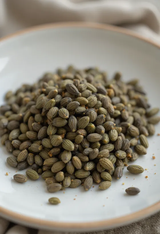 Neloupané konopné semínko zblízka, rozsypané na světlém povrchu