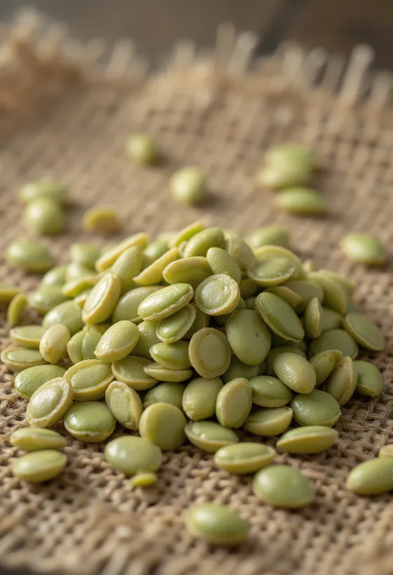 Loupané konopné semínko zblízka, rozsypané na světlém povrchu