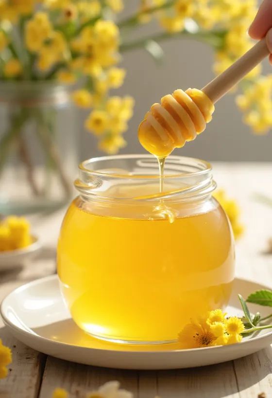 Lipový med ve sklenici s mednaběračkou a lipovými květy
