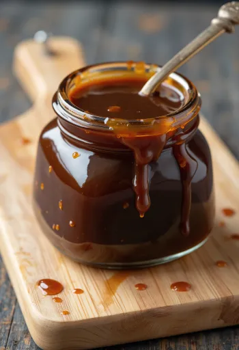 Tmavá hoisin omáčka v keramické misce, kolem fermentované sojové boby, směs pěti koření, česnek, ocet, sezamový olej a cukr