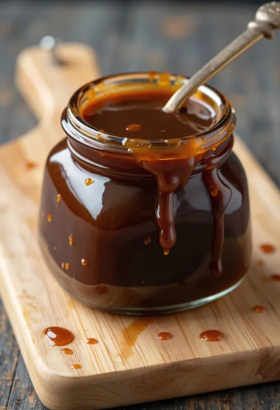 Tmavá hoisin omáčka v keramické misce, kolem fermentované sojové boby, směs pěti koření, česnek, ocet, sezamový olej a cukr
