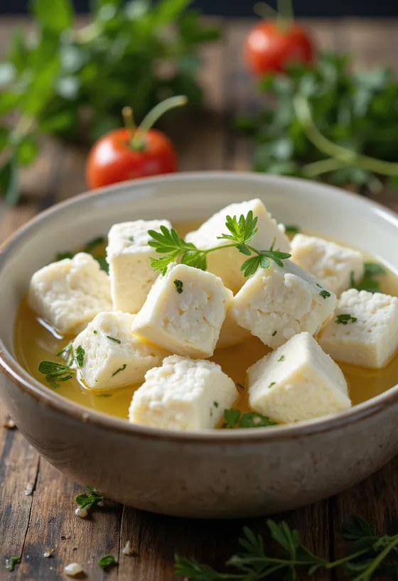 Čerstvý sýr Feta z ovčího mléka v misce na dřevěném stole