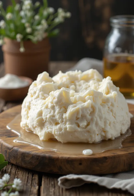 Čerstvý ovčí sýr gomolya nakrájený na dřevěném prkénku