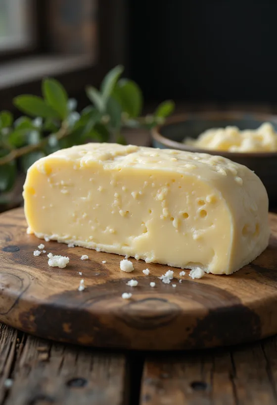 Ovčí máslo v malé misce, krémová konzistence, na rustikálním dřevěném povrchu