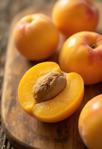 Čerstvé meruňky celé a rozpůlené, na rustikálním stole s džemem