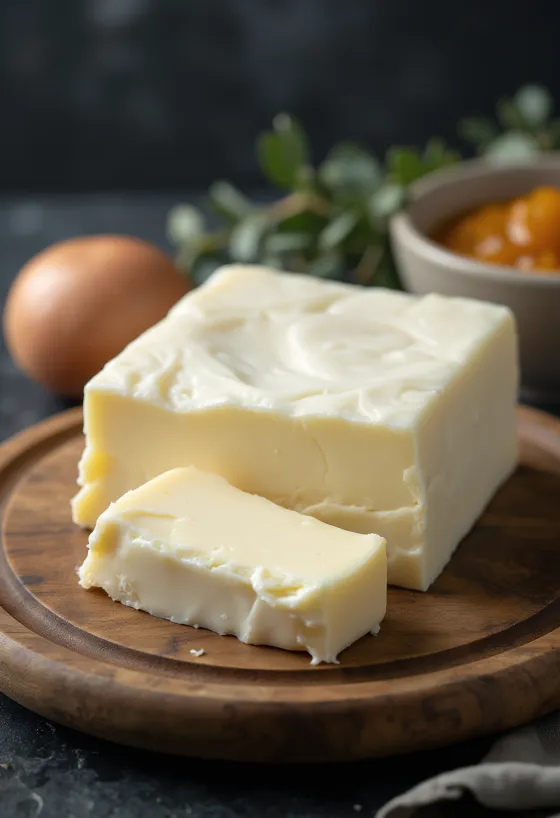 Kozí máslo v malé keramické misce, krémová konzistence, na rustikálním dřevěném povrchu