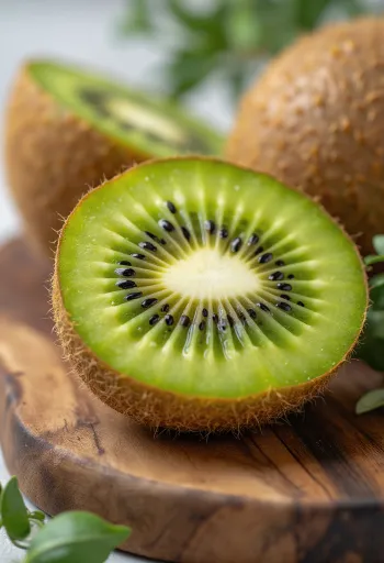 Čerstvé kiwi nakrájené i celé, v misce a na stole, sklenice kiwi džusu