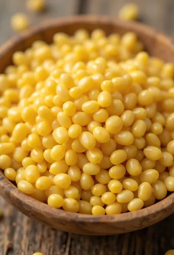 Syrové jáhly se žlutými zrníčky v keramické misce na dřevěném povrchu