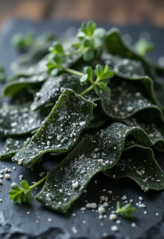 Pláty sušené řasy kombu na dřevěném povrchu, v misce namočená kombu