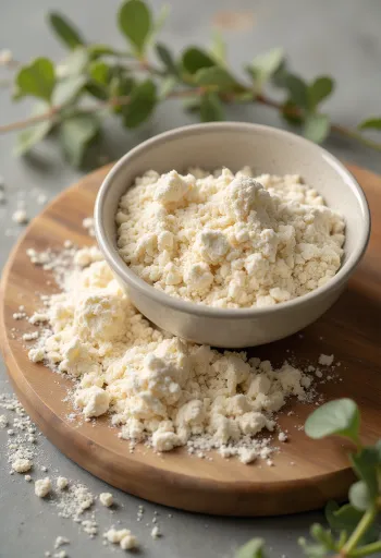 Mouka na kváskování v keramické misce s vařečkou a sklenicí s kváskem na rustikálním dřevěném povrchu