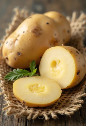 Čerstvé brambory na dřevěném stole, i přepůlené