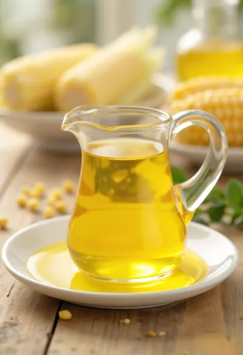 Kukuřičný olej ve skleněné lahvi s kukuřičnými zrny a krupicí