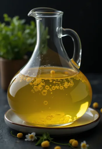 Kukuřičný olej v malé skleněné misce, vedle kukuřičná zrna a klíčky