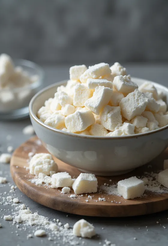 Škrob kuzu v keramické misce a na vařečce, vedle plátky kořene