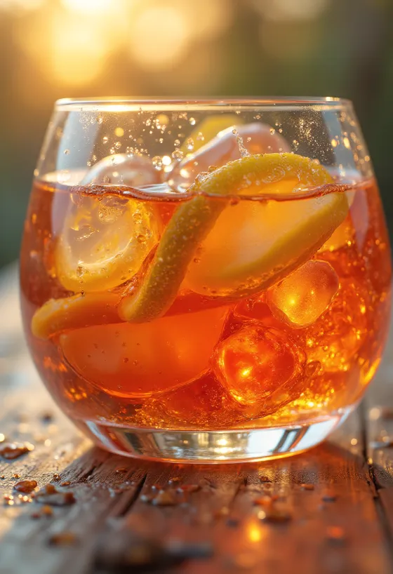 Láhev a sklenice likéru obklopená kořením a přírodními dochucovadly