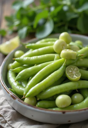 Čerstvé lusky bobu zahradního a vyloupaná zrna na rustikálním povrchu