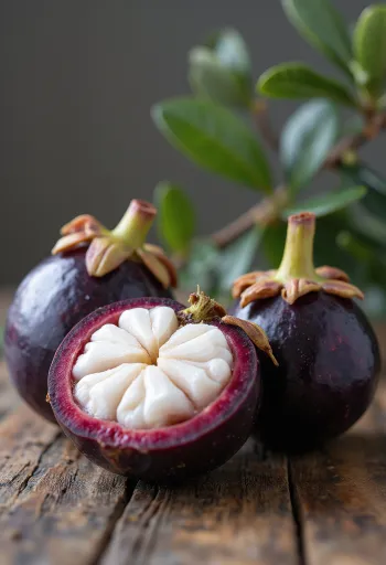 Celý a rozkrojený mangostan s bílou dužinou a tmavou slupkou na dřevěném povrchu