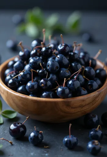 Čerstvé bobule maqui tmavě fialové barvy, část rozkrojená, syrové