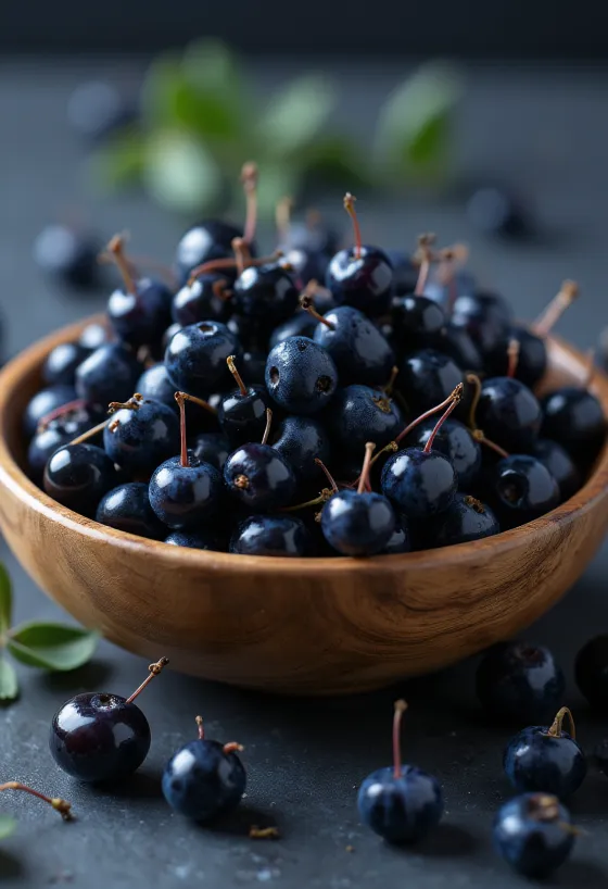 Čerstvé bobule maqui tmavě fialové barvy, část rozkrojená, syrové