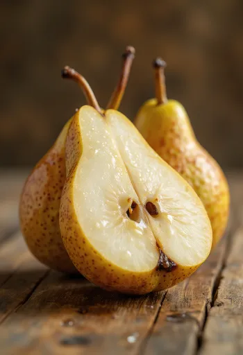 Plátky hrušky Boscova lahvice a celé ovoce na krájecím prkénku