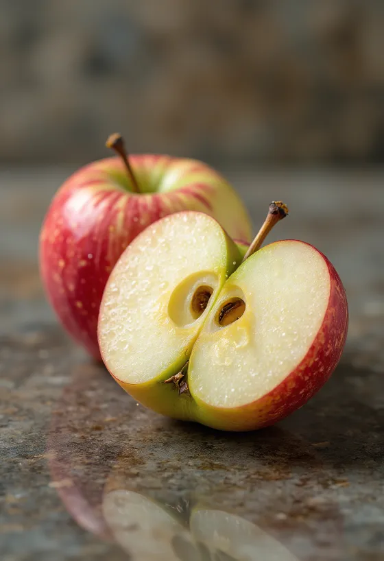 Čerstvá jablka Braeburn a nakrájené plátky na krájecím prkénku