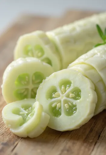 Plátky bílé okurky na prkénku obklopené čerstvou zeleninou