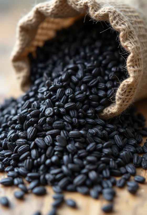 Černá rýže v malé sklenici, sytá tmavá barva, obklopená syrovými zrny