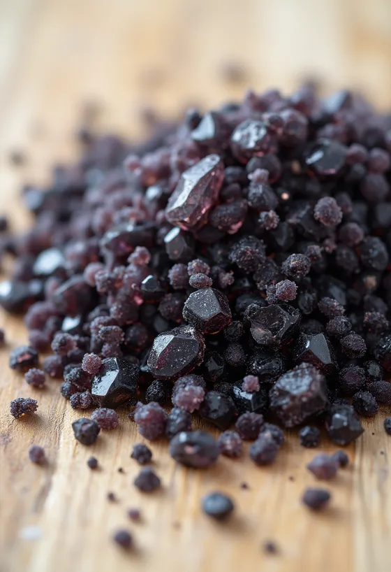 Černá sůl v malé skleničce, sytá černá barva, kolem krystalky soli a dřevěná lžička