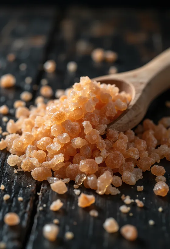 Uzená sůl v malé skleničce, sytá hnědá barva, kolem krystalky uzené soli