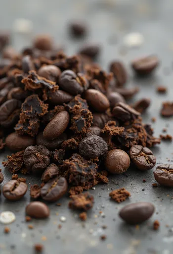 Kousky praženého kořene čekanky na prkénku, přirozené osvětlení