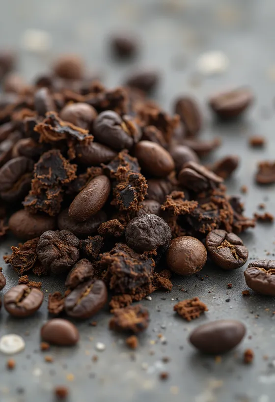 Kousky praženého kořene čekanky na prkénku, přirozené osvětlení