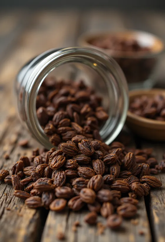 Zrnka praženého žita na prkénku, přirozené osvětlení