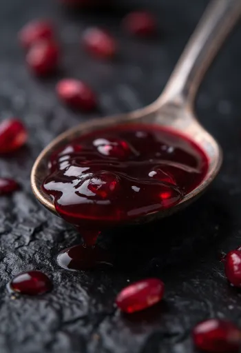 Sirup z granátového jablka v malé lahvičce, sytě rubínová barva