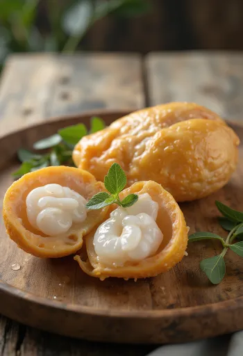 Snímek plátků ovoce langsat na krájecím prkénku