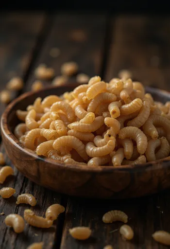 Čerstvé larvy potemníka moučného, jemně upravené a servírované na talíři