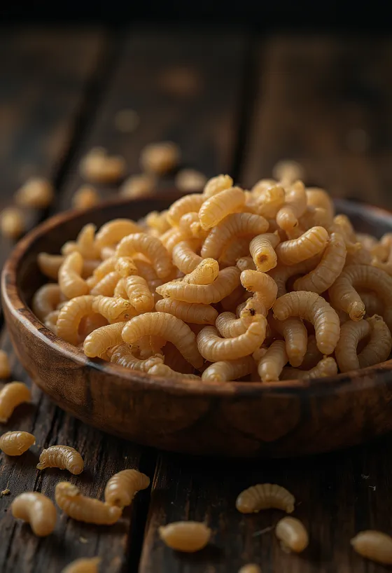 Čerstvé larvy potemníka moučného, jemně upravené a servírované na talíři