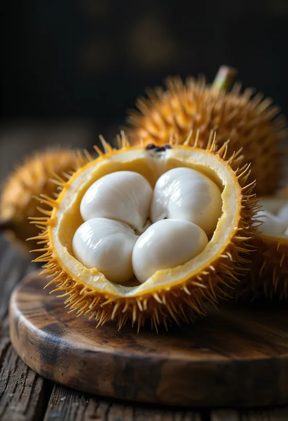 Snímek plátků ovoce marang na krájecím prkénku