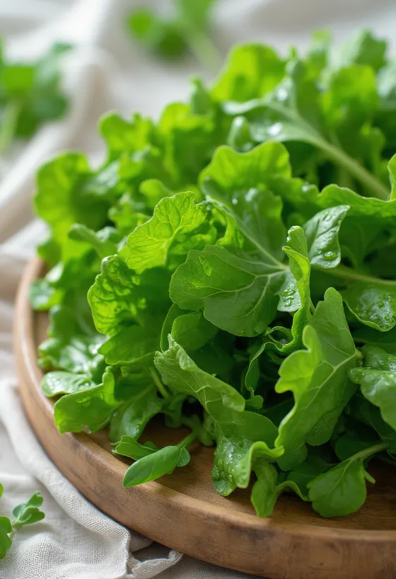 Čerstvé listy hořčice s kapkami vody na dřevěném kuchyňském pultu.