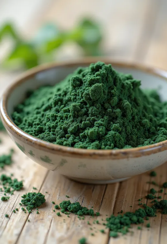 Prášek spiruliny v malé skleničce se sytě zelenou barvou, obklopený tabletami spiruliny