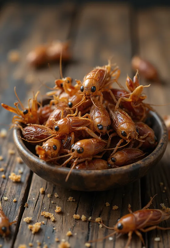 Čerstvé cvrččí maso připravené ke konzumaci, servírované na talíři