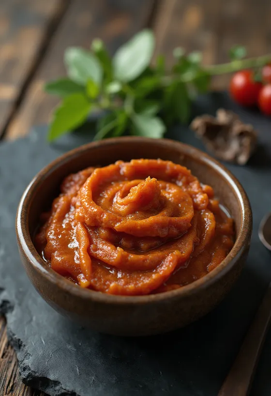 Sklenice červené kari pasty obklopená chilli papričkami, česnekem a šalotkou