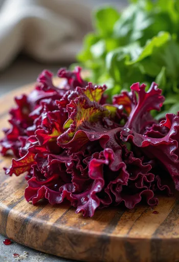 Čerstvý salát dubáček červený s kadeřavými červeno-zelenými listy na prkénku