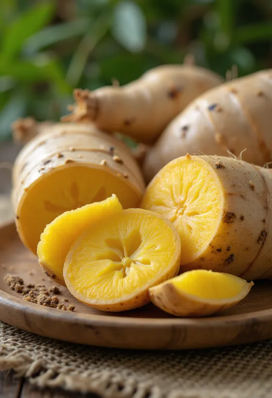 Obrázek kořene Arracacha, nakrájené plátky na prkénku