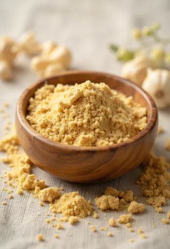 Ashwagandha prášek v malé skleničce, zemitě hnědá barva, obklopen čerstvými kořeny